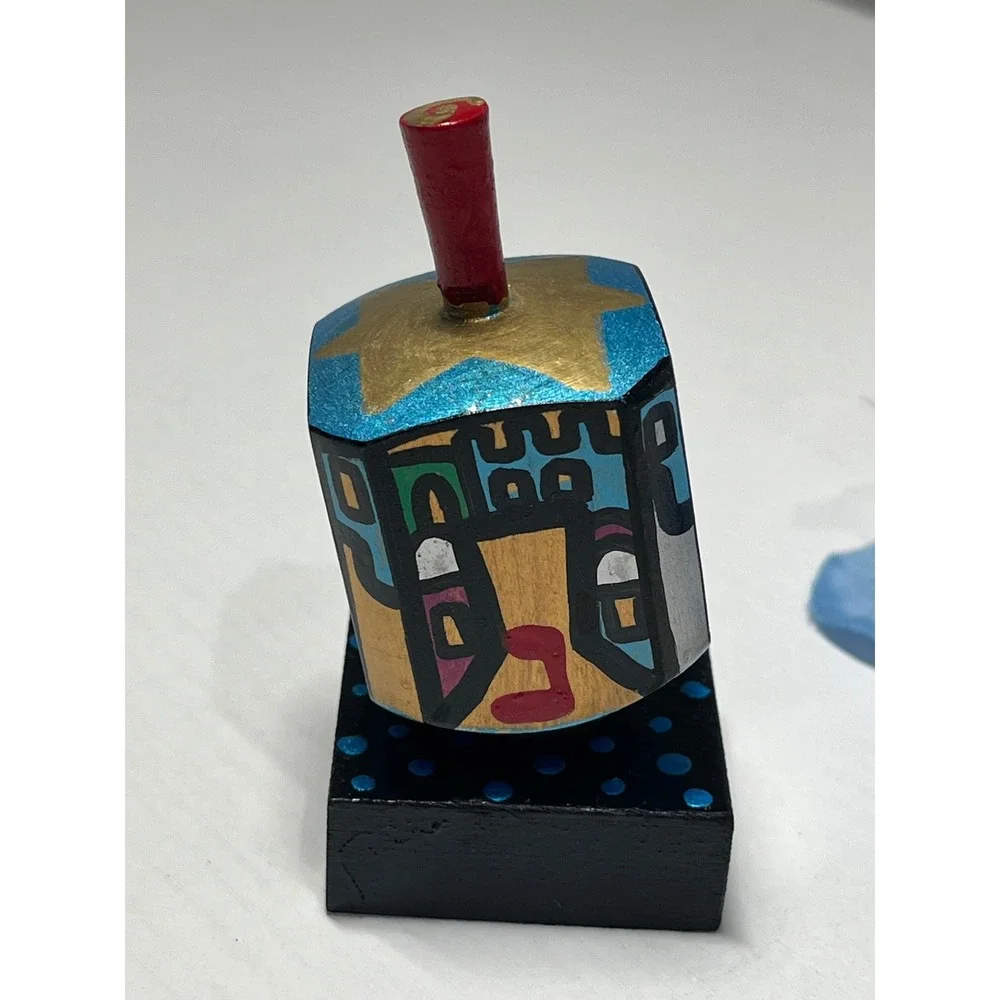 Hand Painted Wooden Dreidel Signed NN Judaica Folk Art Collectible Display Stand